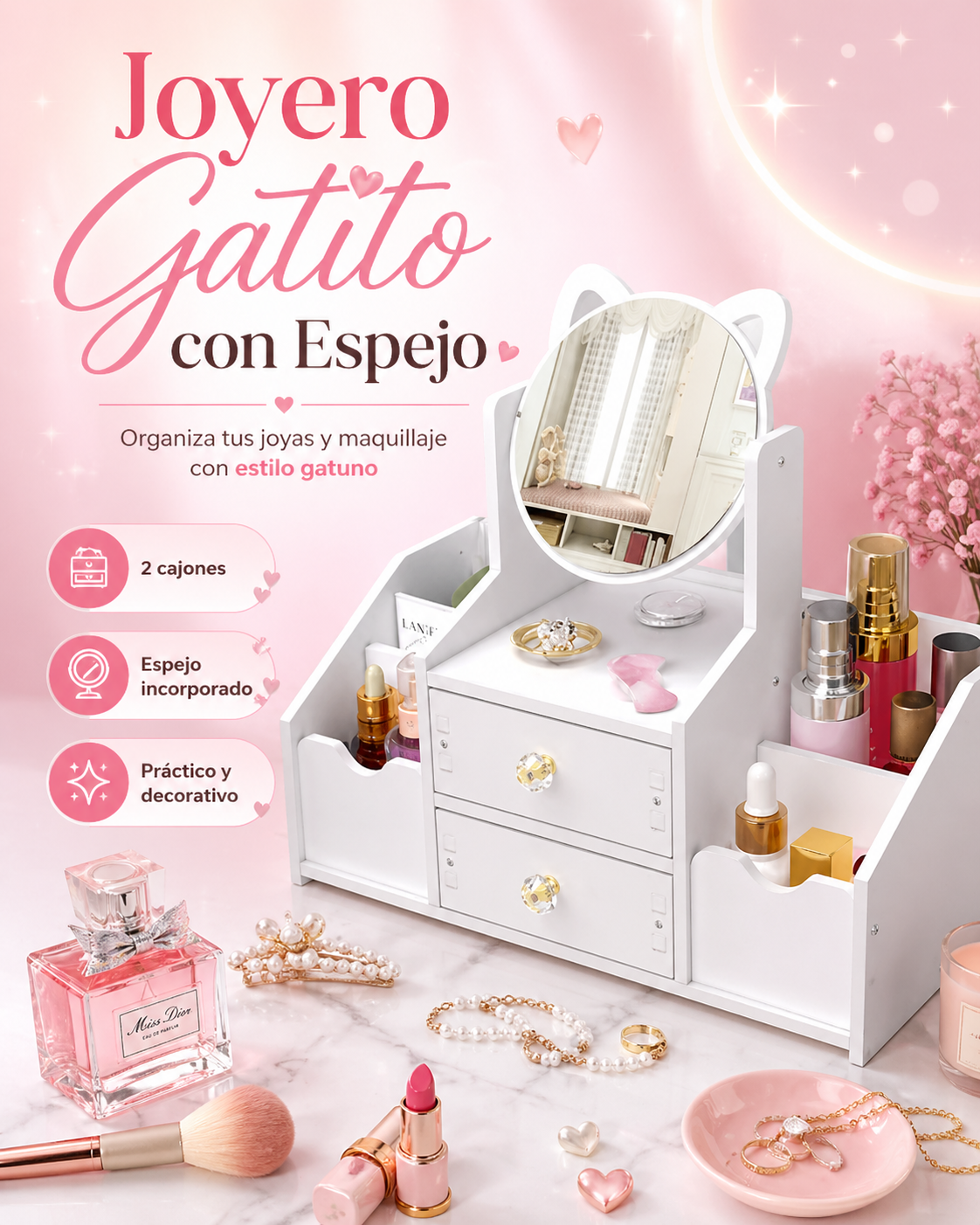 🐱✨ Joyero con Espejo Gatito 2 Cajones | Organizador Multiuso
